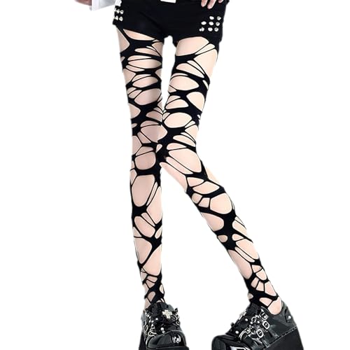 Women's Ripped Fishnet Tights - Gothic Punk Y2K Style with Irregular Holes, Black Mesh Lace Pantyhose for Halloween Cosplay Party (One Size)