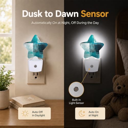 Image of Star Night Light Plug in, Blue Graffiti Dusk to Dawn Sensor Night Light, Soft Glow Lamp for Kids Bedroom Nursery Hallway Bathroom, Energy Saving Compact Design