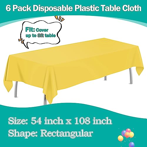 Image of tujol Yellow 6 Pack Plastic Table Cloth 54 inch x 108 inch, Disposable Tablecloths Rectangle Table Cover, Plastic Tablecloths for Parties