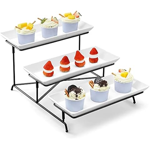 Yedio 3 Tier Serving Tray Set 14 Inch Porcelain Tiered Serving Trays Platters, Collapsible Sturdier Stand with Stable Cross Bars, Three Layer Serving for Party Entertaining Food Display Fruit Dessert Cover