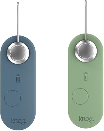 Knog Scout iOS Twin Pack Smart Tag, Tracker & 85dB Alarm Rechargeable Luggage Tag Compatible with iOS App & Apple Find My, Digital Contact Info, Remote Chime, Water-Resistant, Blue/Green