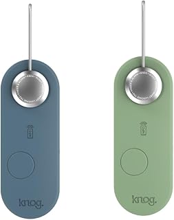 Knog Scout iOS Twin Pack Smart Tag, Tracker & 85dB Alarm – Rechargeable Luggage Tag Compatible with iOS App & Apple Find My, Digital Contact Info, Remote Chime, Water-Resistant, Blue/Green