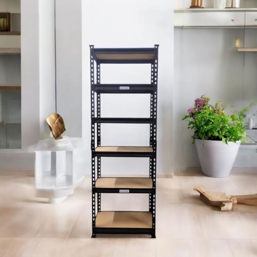 Image of Blue boy Adjustable Shelving 6 Tier- Metal Boltless Rack for Storage & Display /Garage Shelves /Organizer for Home & Kitchen (72 x 24 x 12 Inch /Black- Wooden Shelf)