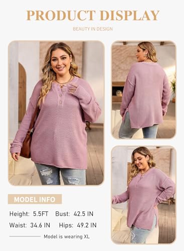 Image of Eytino Womens Plus Size Sweaters Casual Long Sleeve Loose V Neck Button Henley Tops Pullover Knit Jumpers,(1X-5X)