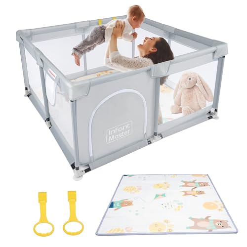 Image of Grey Baby & Toddler Playpen, 49''x49'', Portable with Mat & Ring, Safe Foam Cover, External Zipper, Suitable for Kids Under 3 Years