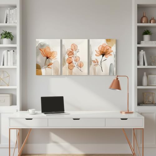 Image of NutArtPic Flower Canvas Wall Art Orange Floral Pictures Minimalist Neutral Wildflower Painting Prints for Home Decor 12''x16''x3pcs