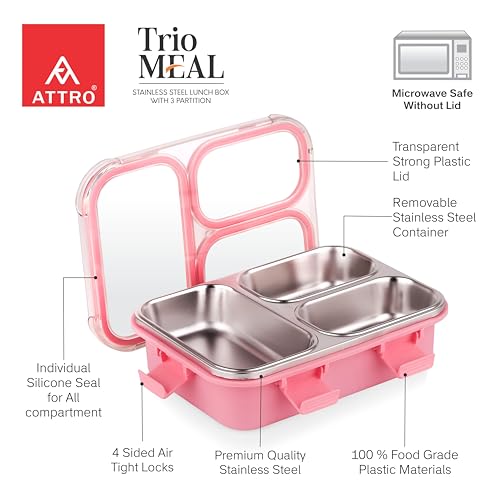 Image of ATTRO Trio Meal Stainless Steel Lunch Box with 3 Partition, Microwave Safe, Airtight Leakproof Silicone Seal Lid, BPA-Free Food Grade Tiffin Box for Office School Kids - 600ml - Pink