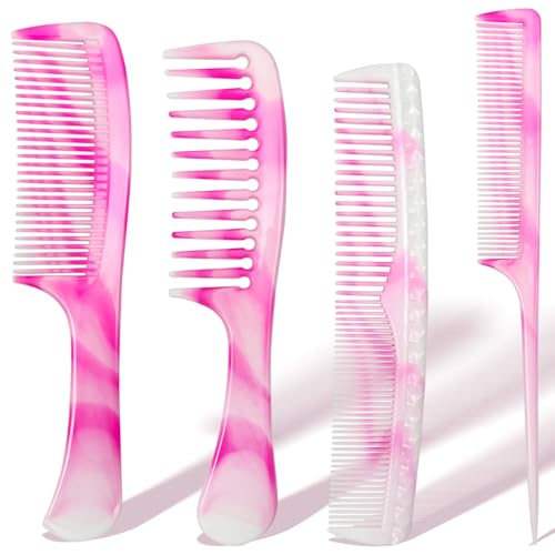 4 Pcs Unisex Hair Comb Set - Rat Tail Wide & Fine Tooth and Dual-Sided Combs for Daily Detangling Pink