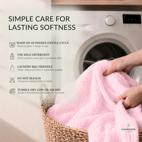 CLOUDSCAPE 8 Layer Muslin Blanket for Adults, 100% Cotton Muslin Blanket King Size, 92" x 108" Fits Upto Cal King Bed, All-Season, Soft, Lightweight Breathable Layering Summer Blankets- Seashell Pink by CLOUDSCAPE LINEN - Used condition - Image 6