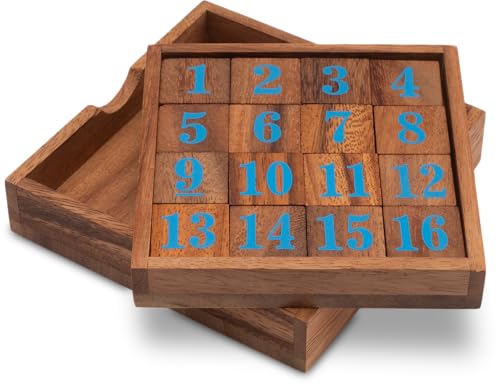 Preisvergleich Produktbild LOGOPLAY Slide 15 - Schiebespiel - Rechenspiel - Montessori - Denkspiel - Knobelspiel - Geduldspiel - Logikspiel aus Holz mit blauen Zahlen