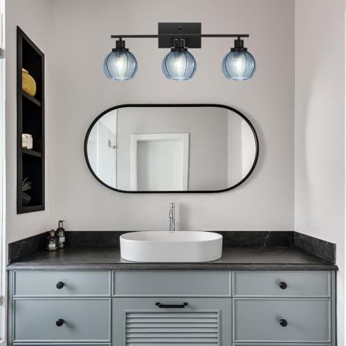 Image of Mid Century Blue Wall Sconce 3-Light Vanity Lighting Fixture | Anti-Rust Black Metal Vanity Light, Thick Ribbed Blue Textured Globe Glass, E26 Base, Wall Mount Bath Sconce for Bedroom