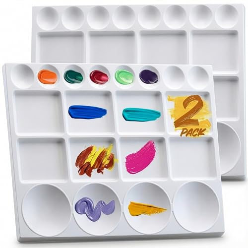 PAOFUFUI Large Paint Palette Trays (2 Pack, 10x13) - 20-Well Plastic Mixing Palettes for Acrylic, Oil, Watercolor & Gouache Paints - Artist Supplies (2 White)