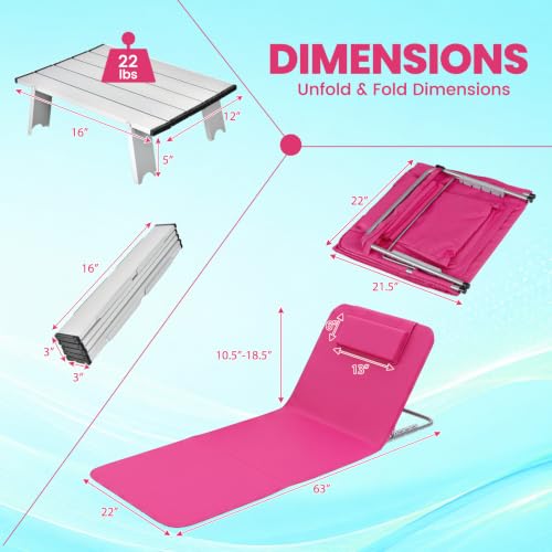 Image of GIANTEX 2 Pack Folding Beach Chairs with Side Table, Pink | Folding Lounge Chairs w /5 Position Adjustable, Patio Chaise Lounge Lightweight Backpack Camping Chairs for Outdoor Sunbathing