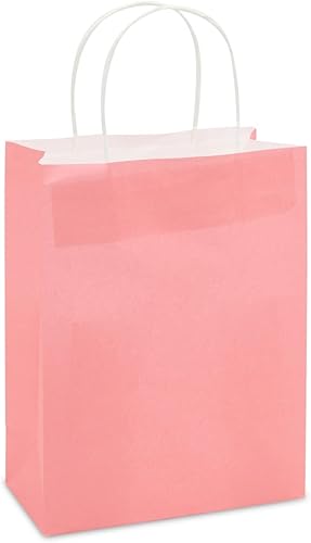 Miniatura 5 de Sparkle and Bash Paquete de 25 bolsas de regalo rosas con asas, papel kraft de tamaño mediano de 8 x 4 x 10 pulgadas, regalo de fiesta para bodas,