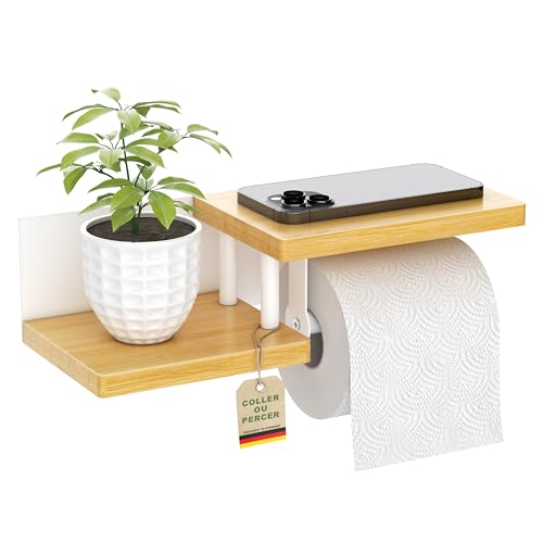 ElbFuchs® Porte Papier Toilette Mural en Bois de Bambou [sans PERCAGE] | Derouleur Papier Toilette de Haute qualité avec étagères | Blanc | Porte Rouleaux...