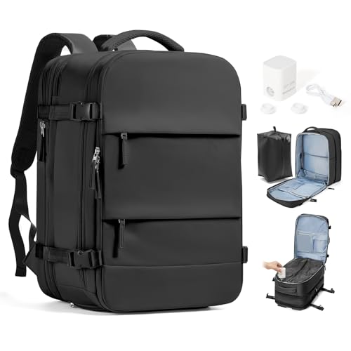 Image of Travel Backpack with Compression Vacuum Storage Bag & Electric Pump, Expandable Flight Approved Carry On Backpack, 18x14x8 inches Personal Item Travel Bag for Men Women, Black
