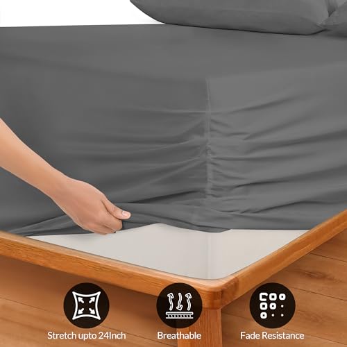 Image of Royale Linens Extra Deep Pocket Full Fitted Sheet Only - Full Size Deep Pocket Silver Fitted Sheet - Fits 18 inch to 24 inch Thick Mattress - Soft & Breathable Elastic Sheets (54x75 Inches, Silver)