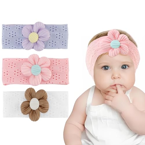 CUBACO 3 Colors Breathable Baby Flower Headbands for Baby Girl Nylon Newborn Essentials Shower Soft Hairbands Hair Accessories for Newborn Infant Toddler(Pink,Purple,White)