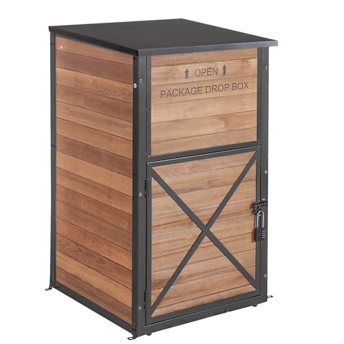 GUTINNEEN Package Delivery Box for Outside Large Parcel Drop Box,Metal Frame Solid Wood, Anti-Theft Baffle, Password Lock,Gas-Strut Lid,Weatherproof for Multiple Packages, 22.2" L x 27.5" D x 40.6" H