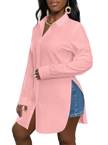 Image of LYANER Women's Collar Neck Long Sleeve Button Down Shirts Sexy Split Hem Tops Long Blouse Shirt Dress
