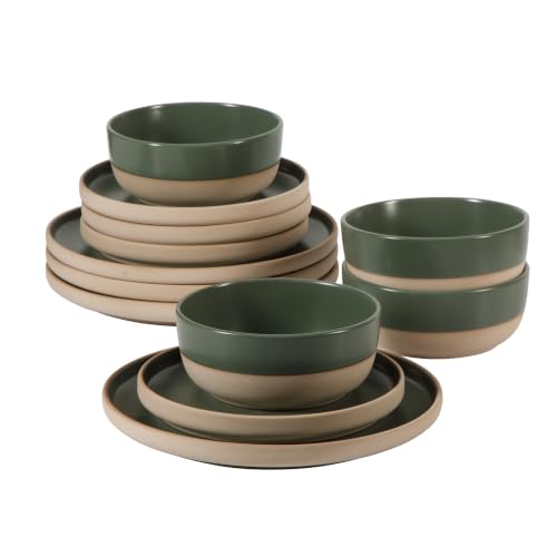 Image of Gibson Home Plates and Bowls Set, 12 Piece Dinnerware Set for 4, Green