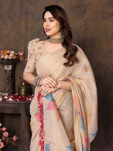 Image of Yashika Women's Chanderi Floral Digital Print Chandheri Saree with Unstitched Blouse Material