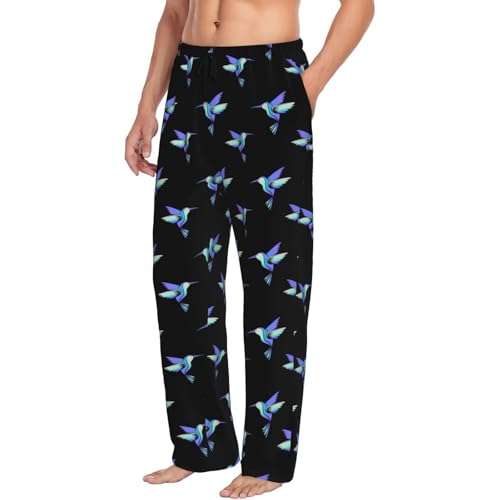 Mens Pajama Pants Bottoms with Pockets, Blue Purple Hummingbird Print Comfort Pj Lounge Pants Soft Sleep Pants for Men - Main Image