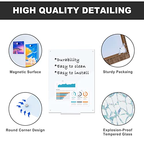 Queenlink Magnetic Glass Whiteboard, 36 X 24 Inches Glass Dry Erase White Board, Wall Mounted Frameless Glass Magnetic Bulletin Board With 1 Pen Tray, 3 Magnets, For Office School Home, Normal White #TOP3
