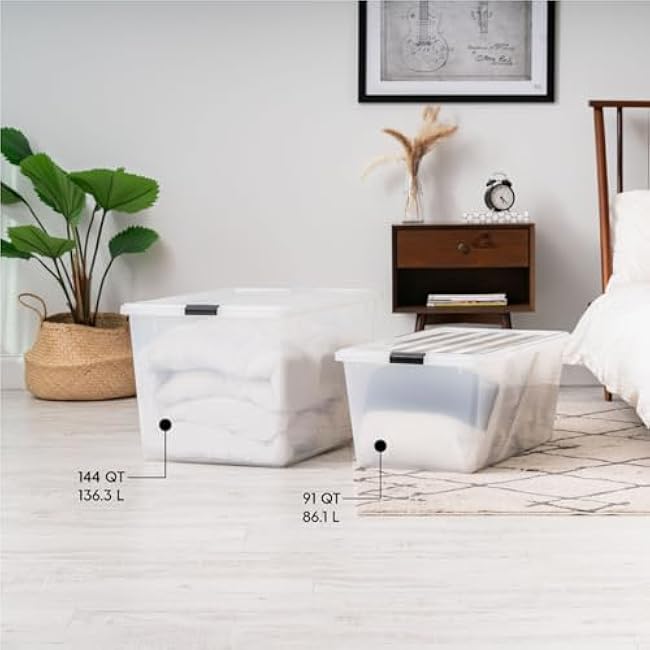 IRIS USA 91 Qt Stackable Plastic Storage Bins with Lids, 4 Pack - BPA-Free, See-Through Organizing Solution, Latches, Durable Nestable Containers, Secure Pull Handle, Made in USA - Clear