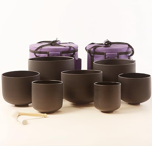 Leize 6-12 inch Chakra Tuned 432hz Set of 7 Quartz Black Crystal Singing Bowls with Heavy Duty Carrying Cases and Singing Bowl Mallet Suede Strikers