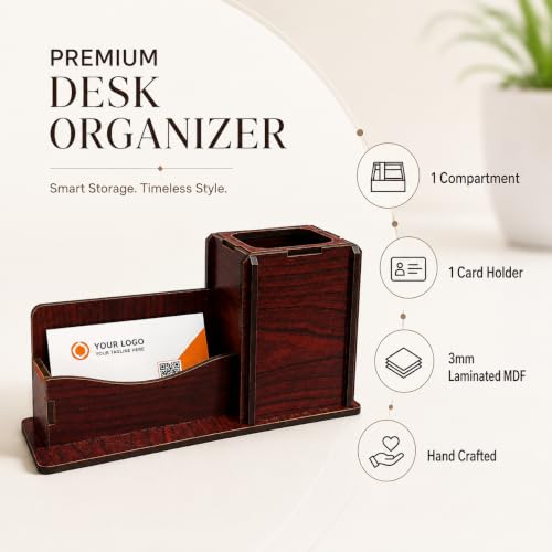 Image of Zesta Wooden Desk Organizer Pen Stand Remote Holder Card Slot | Table Accessory Office Desk Study Room | Pencil Storage Stand Stylish Workspace Decor (Rosewood, Card Holder + Pen Holder)