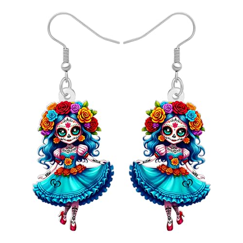 NEWEI Acrylic Horror Day of the Dead Creepy Doll Dangle Earrings Halloween Gifts for Women Spooky Mexican Voodoo Dolls Quirky Halloween Costume Jewelry Accessories (Blue)