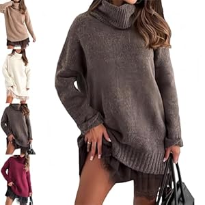 Generisch Damen-Set aus Rollkragenpullover-Minikleid, bestehend aus einem weichen Strickkleid und einem eleganten Unterkleid mit Spitzenbesatz (Brown, S)
