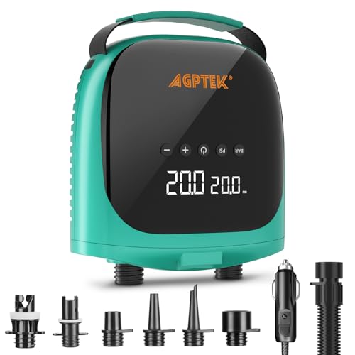 AGPTEK Elektrische Sup Pumpe 20 PSI Tragbare SUP-Luftpumpe, automatische Abschaltung, 12-V-Gleichstrom-Autostecker Paddle Board Pumpe zum Aufpumpen und Entleeren von aufblasbaren SUP-Boards