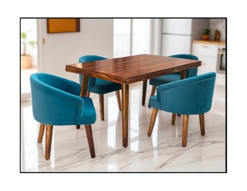 Image of DaneWood Wooden Dining Table 4 Seater | Four Seater Dinning Table with 4 Upholstered Dining Chairs | Dining Room Sets for Restaurants | Sheesham Wood | Honey Finish & Blue Velvet Fabric Chairs