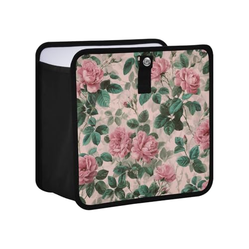 Image of Car Trash Can Organizer Bin with Adjustable Strap for Back Front Seat Console Waterproof Leakproof Collapsible Portable 11 Inch Pink Vintage Roses with Leaves