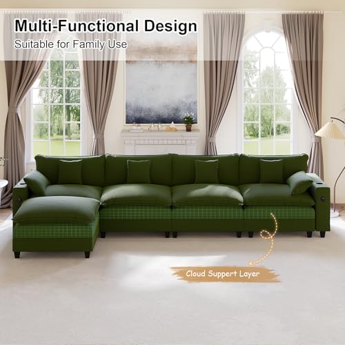 Image of KCGKCG 152 inch Modular Sectional Sofa, L Shaped Cloud Couch with Movable Ottoman, Chenille Deep Seat Cloud Sofa with Charging Station, Cup Holder, Side Pocket, Sectional Couches for Living Room, Green
