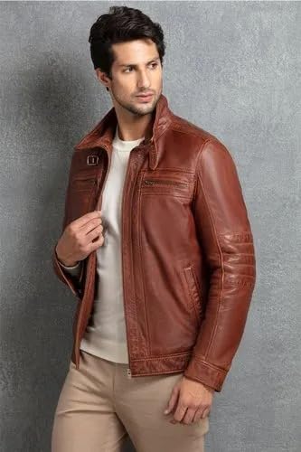 Image of Men's Genuine Leather Jacket for Men Women Stylish Casual Biker Jacket Premium Soft Leather Regular Fit Zip Closure Winter Fashion Outerwear for Travel Party Office Riding (S - XXl)