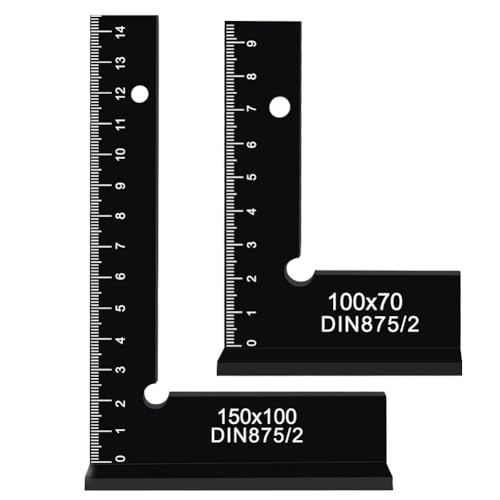 Lot de 2 équerres de butée de serrurier à 90° avec échelle de mesure (cm) pour travaux précis dans la construction métallique et l'atelier, dimensions 100 x 70 mm et 150 x 100 mm, angle métallique 90