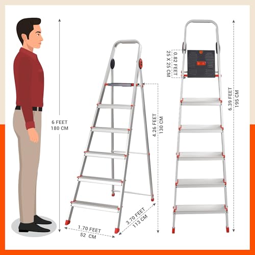 Image of Bathla Advance Pro 6-Step Foldable Aluminium Ladder for Home | Heavy-Duty & Anti-Slip Steps with Sure-Hinge Technology | 7-Year Manufacturer Warranty | Orange
