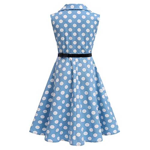 50S Dresses For Girls, Twirly Dresses For Little Girls Sleeveless Summer Swing Casual Clothes 'Holly' Audrey Vintage Polka Dot Wedding Casual Skater Xmas Ball Dance Gown Blue & Belt 8-9 Years #TOP2