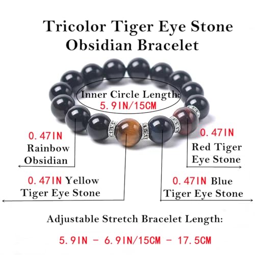 Black Obsidian Bracelet,Feng Shui Black Obsidian Wealth Bracelet for Women Men Stretch Obsidian Bracelet Bangle with Tricolor Tiger Eye Stone Attract Wealth Money and Good Luck2