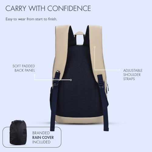 Image of Tommy Hilfiger School Backpack for Boys & Girls Segno - Beige+Navy | 3-Compartment Water-Resistant Student Bag for High School & College with Rain Cover & Padded Airmesh Back | 40L Capacity