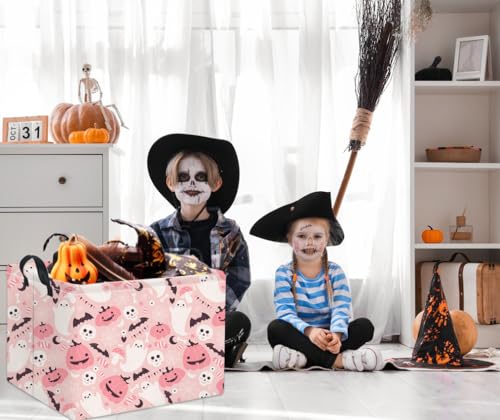 Image of Rectangular Halloween Basket for Boys and Girls Kids Trick or Treat Pumpkin Basket for Halloween Parties Cute Storage Bin Organizer Box Room Decor(Pink ghost pumpkin)