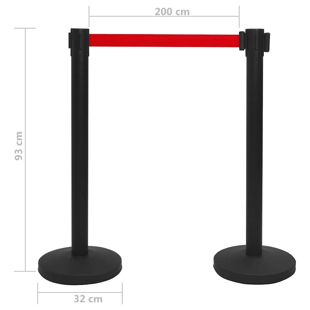 Sistema de guía personal de acero negro con banda extensible 48 x 2000 mm, 93 cm de altura, 2 soportes y 1 cinturón, inoxidable, móvil y flexible para bloqueo, barrera, seguridad, limitación