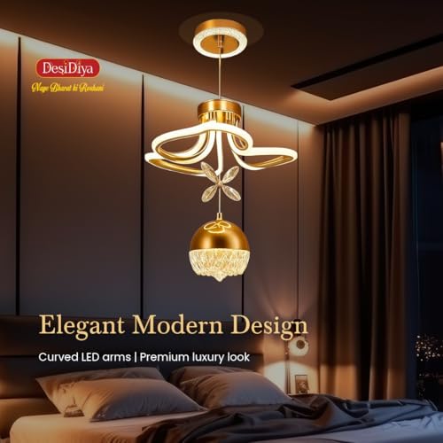 Image of Desidiya Modern LED Crystal Pendant Light Dimmable Elegant Gold Design & 3-Light Modes Ceiling Light Fixture for Living Room, Dining Room, Bedroom Comes with Cystal Butterfly