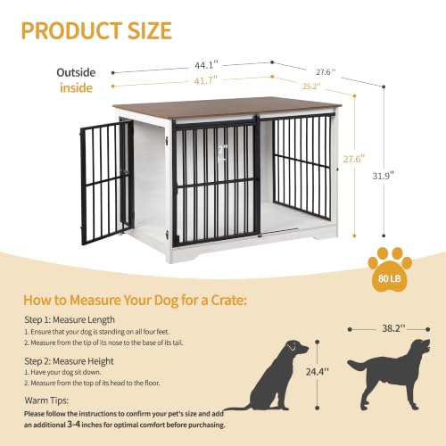 Hzuaneri 44.1" XL Dog Crate Furniture Indoor Dog Kennel with Barn Door | Wooden Dog Crates Furniture, Heavy Duty Dog Crate, Decorative Pet House End Side Table for Large Dogs, White Brown DFC80114B - Image 3