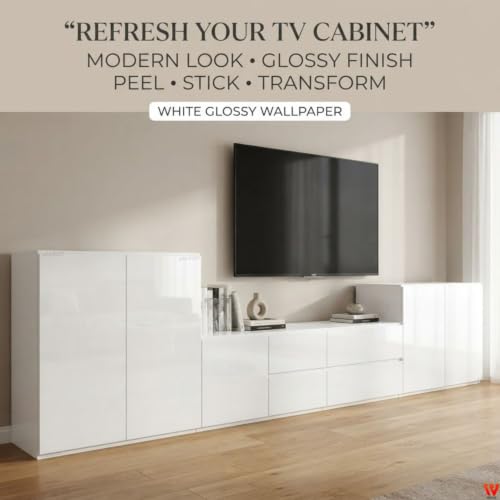 Image of WISDOM White Glossy Peel and Stick Wallpaper Self Adhesive Decorative Vinyl Contact Paper for Home Interior Makeover, Like Drawer cabinets DIY Renovation and Smooth Surface Decoration(20x120)