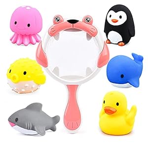JoyGrow Baby Bath Toys Set with 6PCS Soft Cute Ocean Animals Bath Squirter and 1PCS Fishing NetWater Toys Bathtub Bathroom Pool Sea Animal Toysfor Kids (Pink)