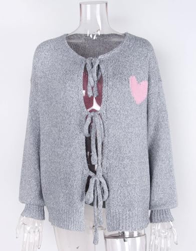Image of Women's Tie Cardigan Sweaters Long Sleeve Chunky Knit Big Cute Heart Sweater Coats Grey X-Large